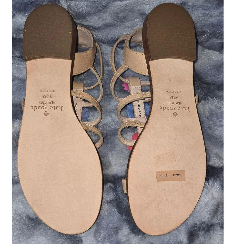 NWB Kate Spade Sadia Natural‎ Leather Floral Embellished Gladiator Sandals 9.5